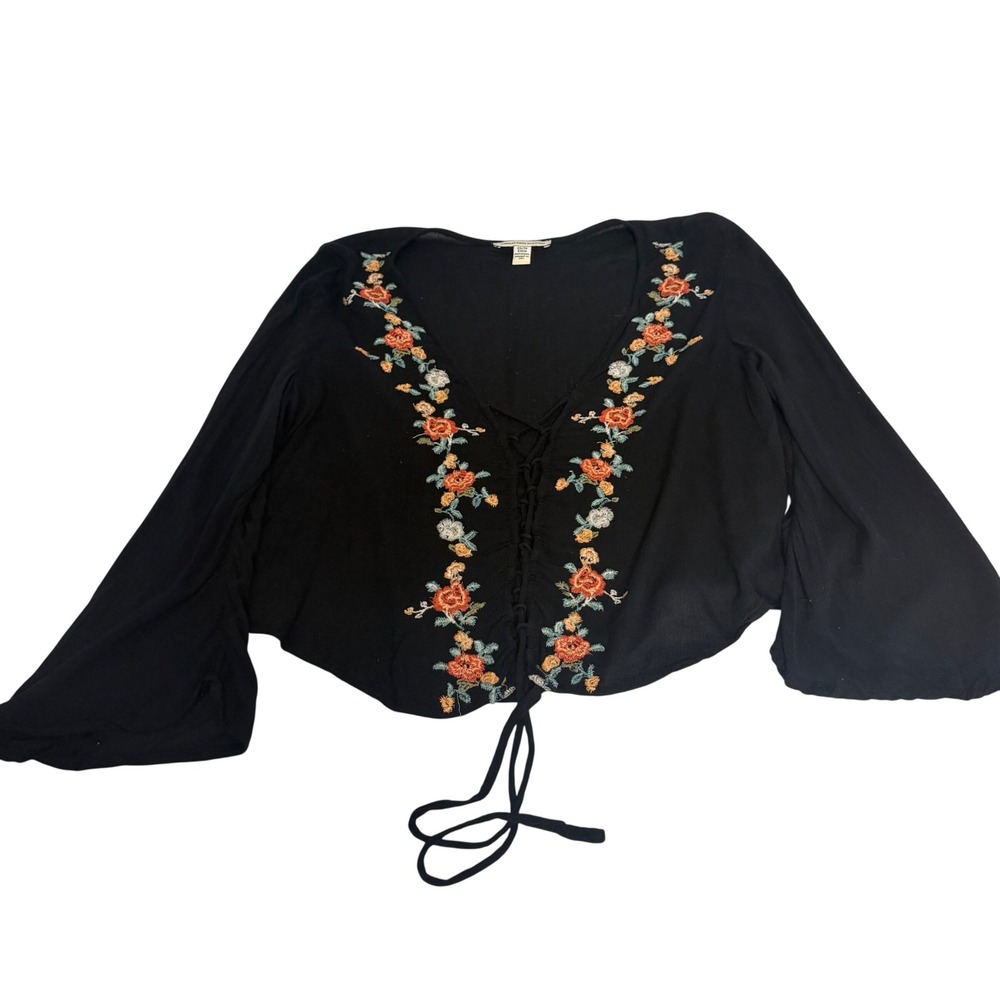 American Eagle Black Floral Embroidered Lace Up Bell Sleeve Crop Top XS Boho